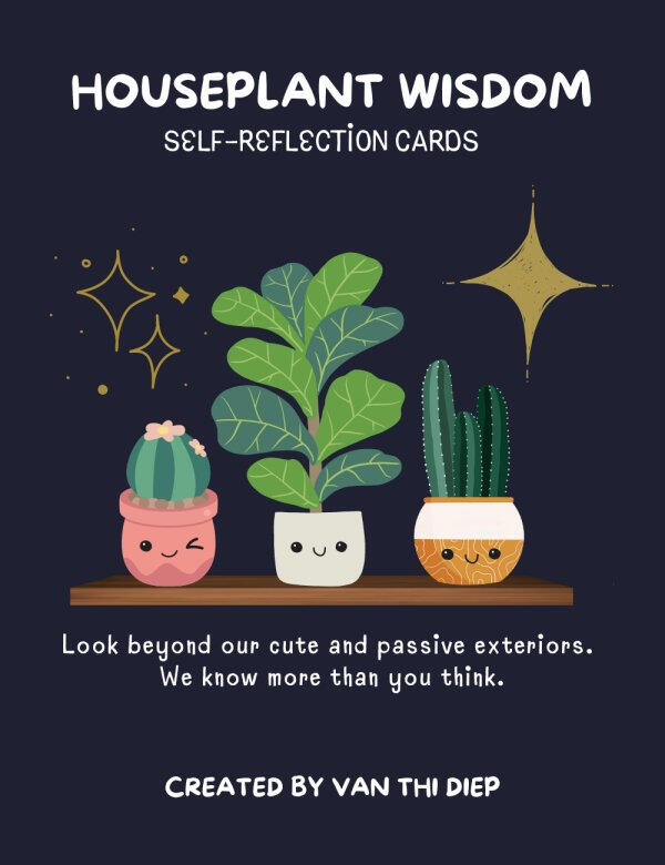 Houseplant Wisdom Self-Reflection Cards image for card deck cover showing three cartoon houseplants with faces on a shelf