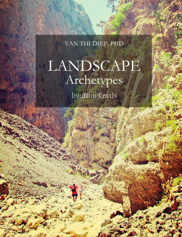 Landscape Archetypes Intuition Cards image for the cover of card deck showing a two people walking in a deep rocky gorge