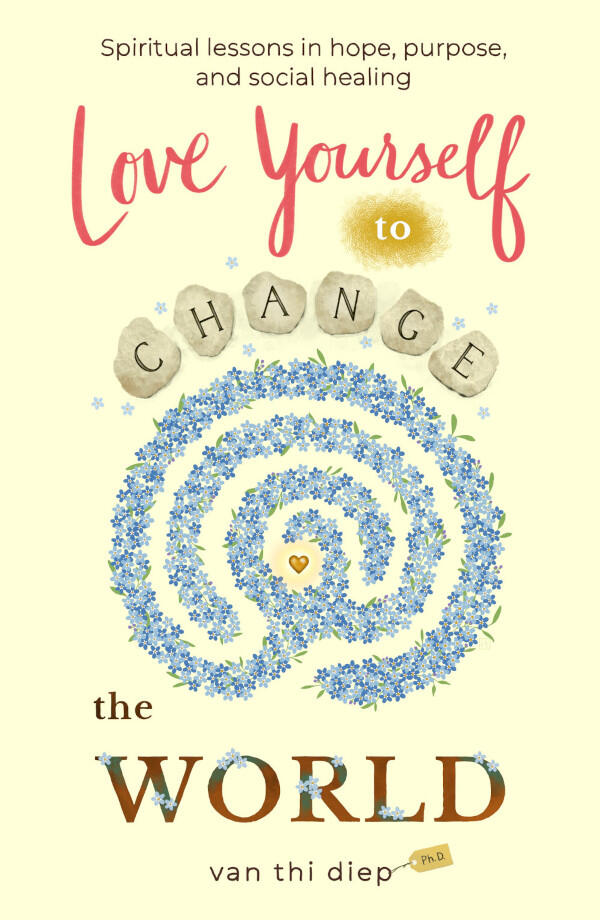 Love Yourself to Change the World image for book cover showing a three-circuit labyrinth made of blue flowers
