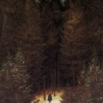 painting of man in big forest