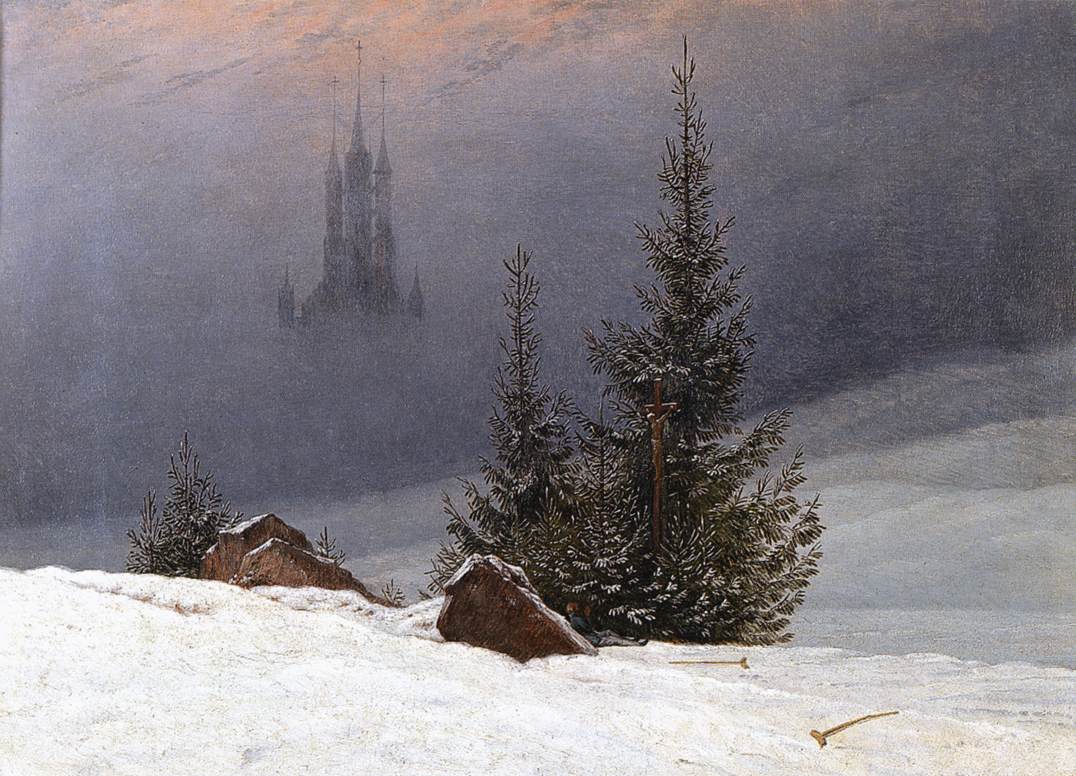 painting of snow, trees, and church in the background