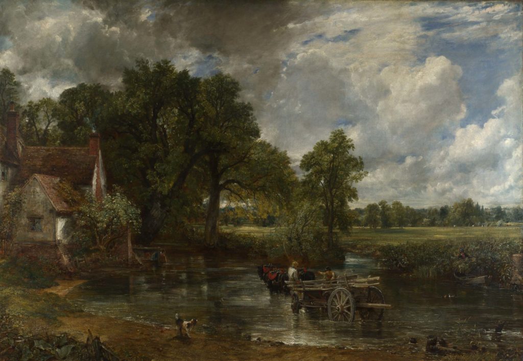 painting of horse and buggy in water in landscape