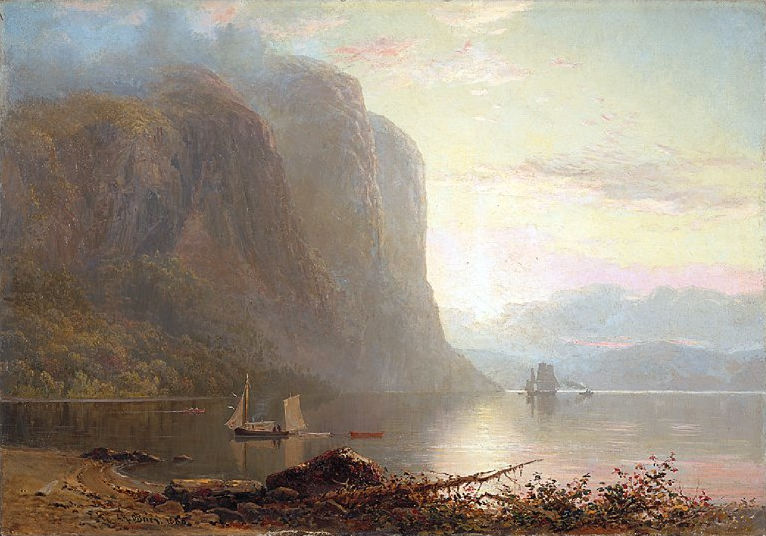 painting of sunrise behind cliffs