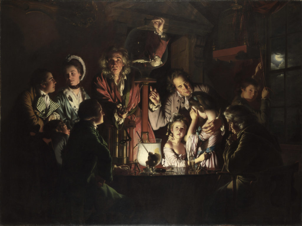 painting of 18th century people gathered around experiment