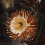 painting of yellow flower with cathedral behind