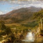 painting of landscape with mountains and waterfall