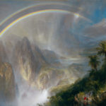 painting of rainbow with mountains and palm trees