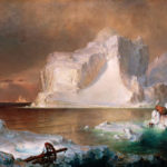 painting of icebergs in orange lighting