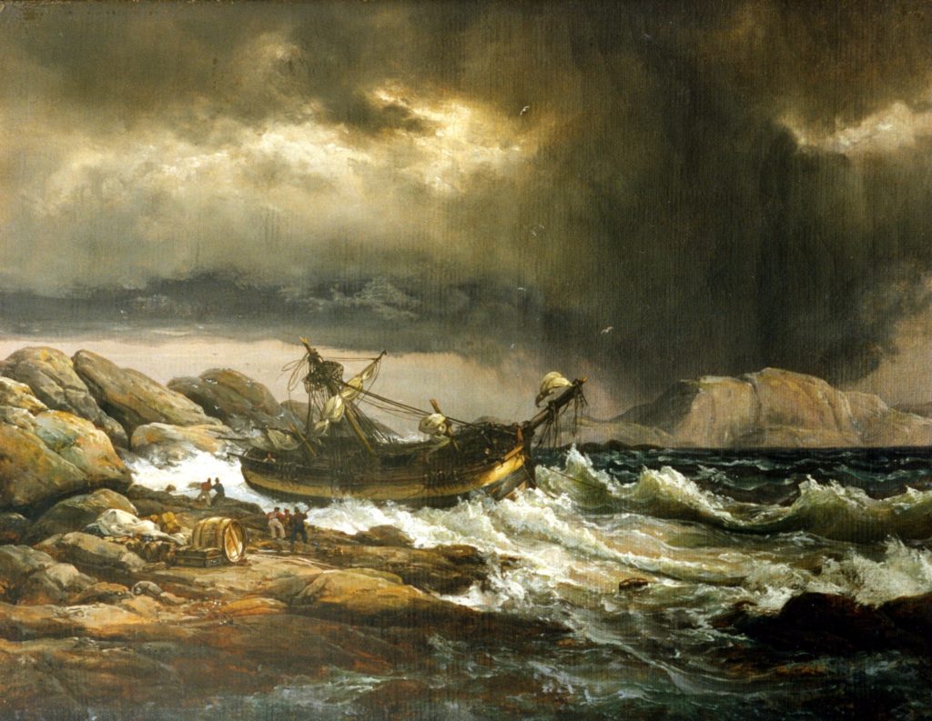 painting of ship in storm
