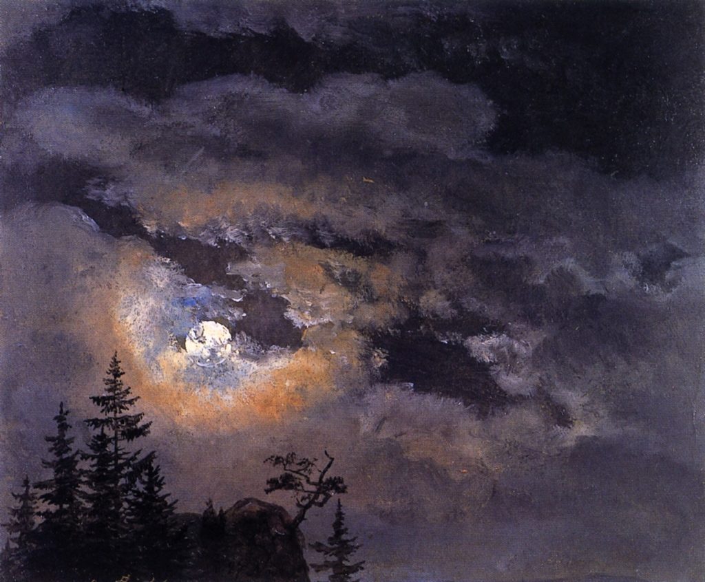 painting of moon partially covered by clouds