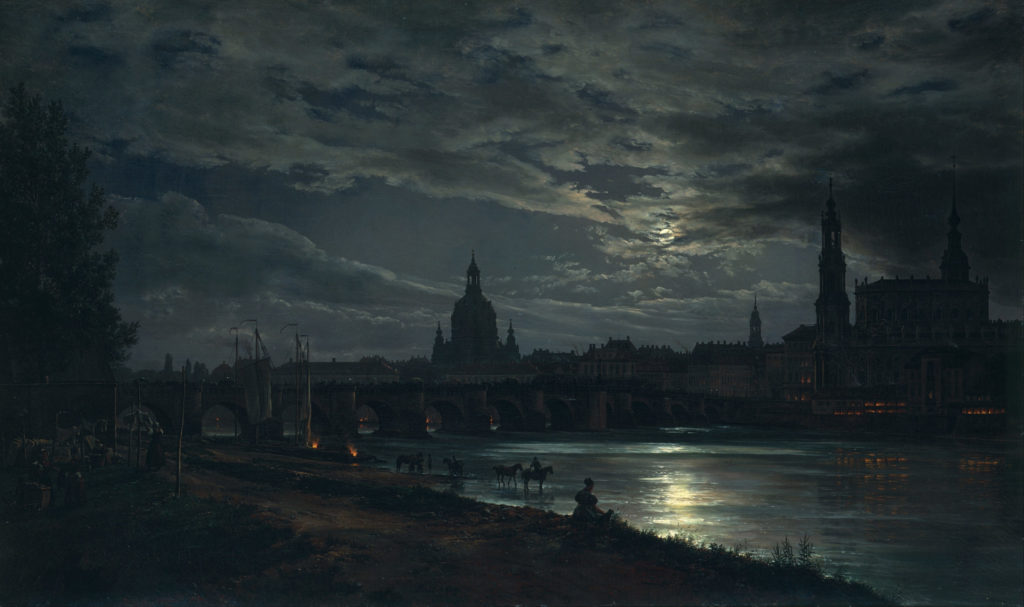 painting of 19th century town at night
