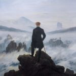 painting of back of man on cliff looking at clouds