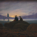 painting of three people on a rock watching sunset at sea