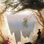 painting of three figures on white cliff