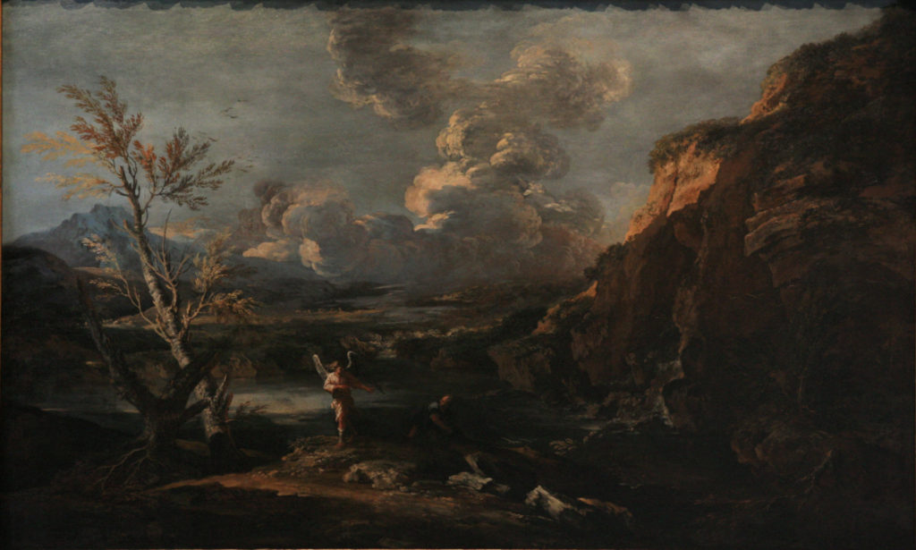 17th century painting of angel in landscape