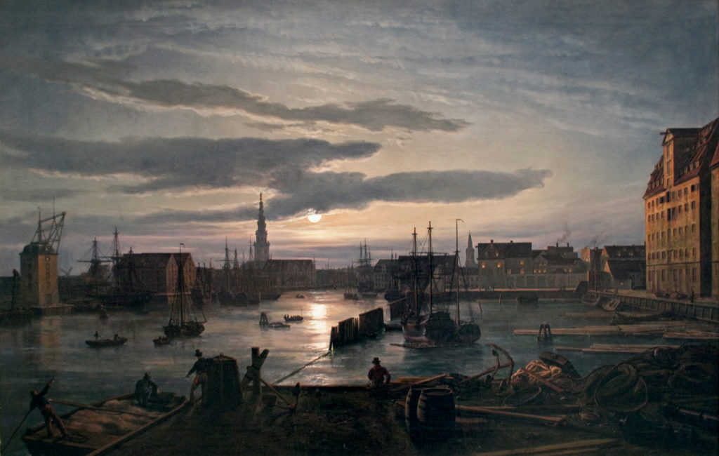 painting of 19th century town in evening