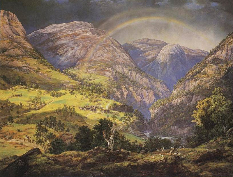 painting of rainbow and mountains