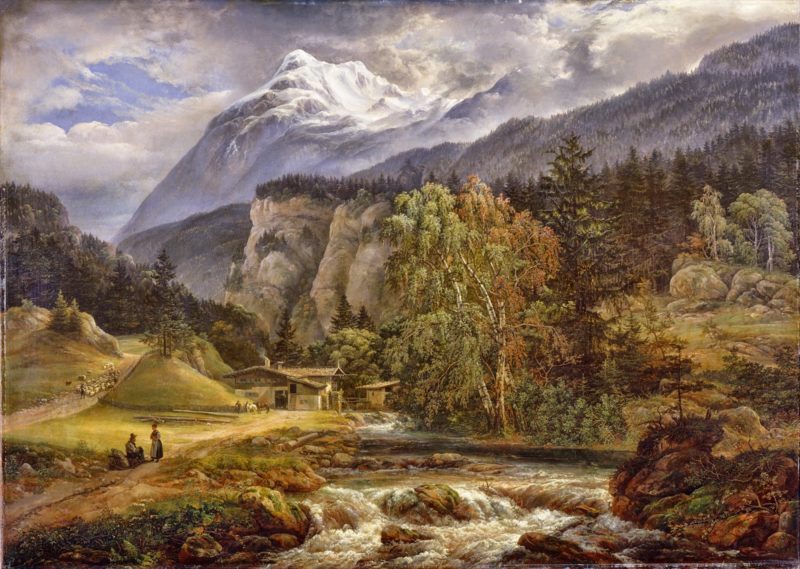 painting of hut with mountains and water