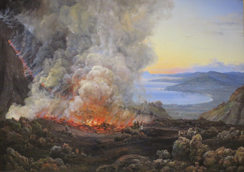 painting of people staring at volcano eruption with lots of smoke