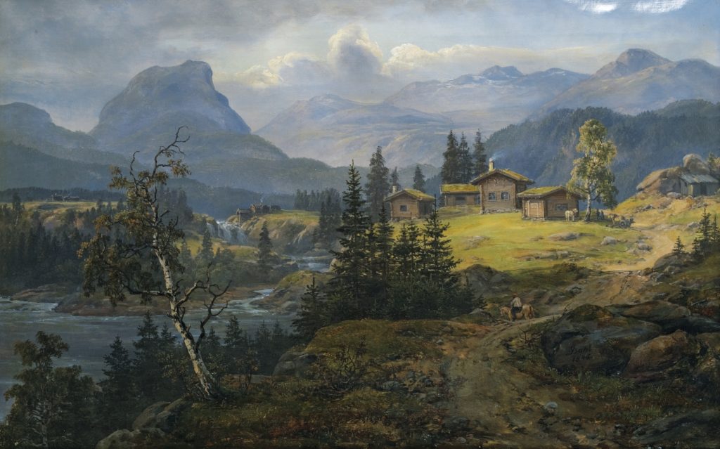 painting of a hut with mountains behind