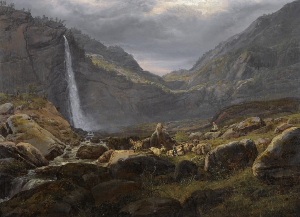 painting of mountain goats and waterfall