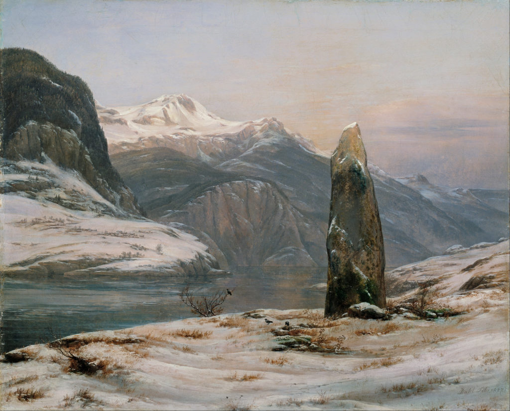 painting of rock in winter landscape