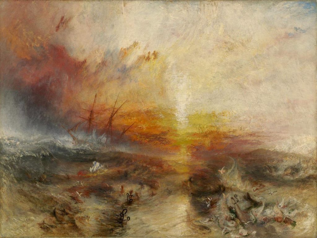 painting of abstract ship in storm during sunrise