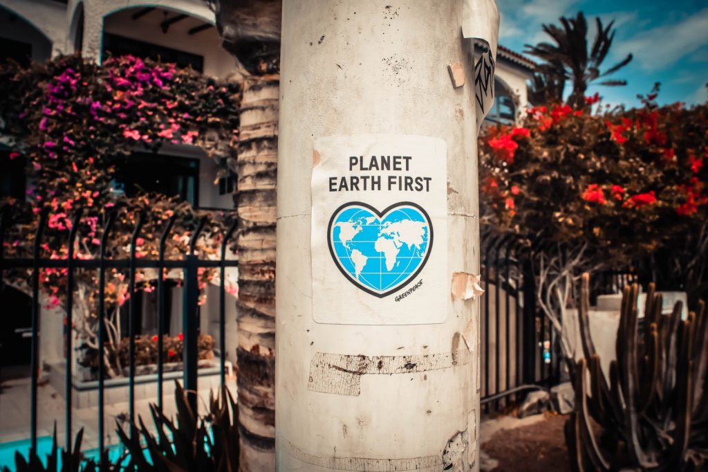 poster of heart-shaped earth and the words "planet earth first"