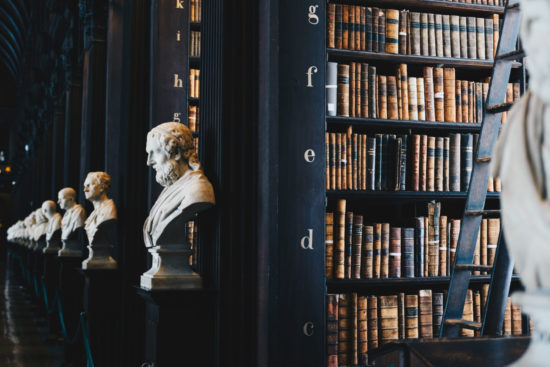 books and sculptural busts in university library