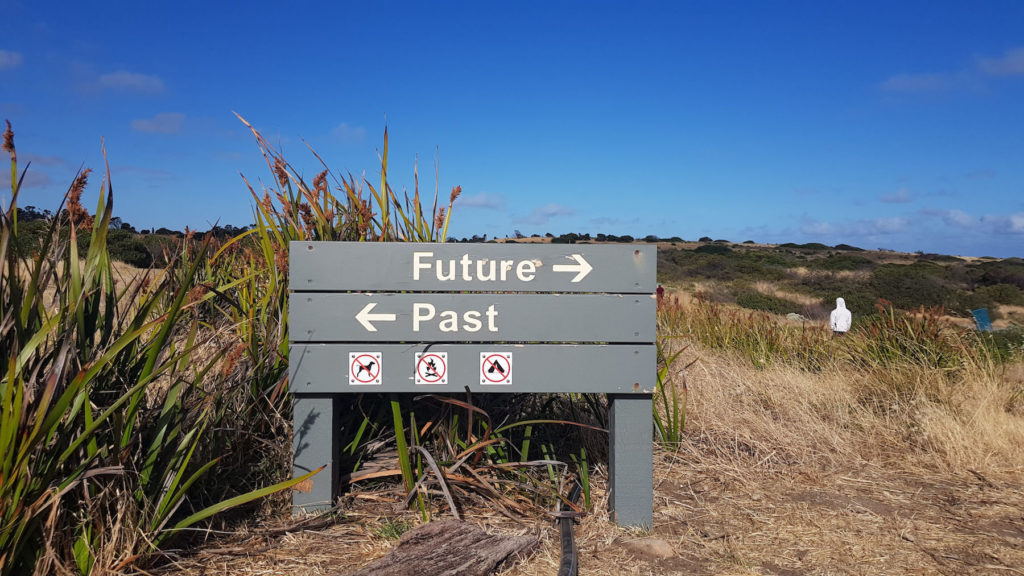 sign post in landscape for directions to future and past