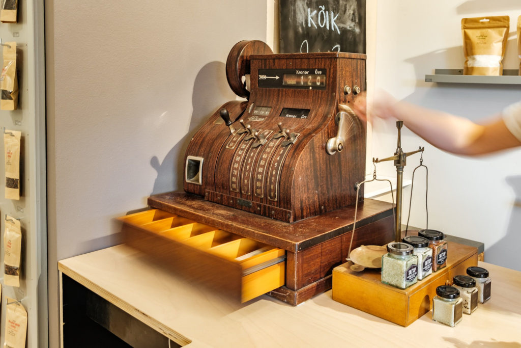 old wooden cash register